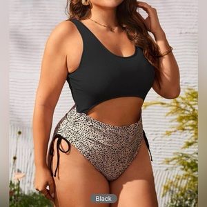 Plus Dalmatian Print Cut Out Drawstring Side One Piece Swimsuit